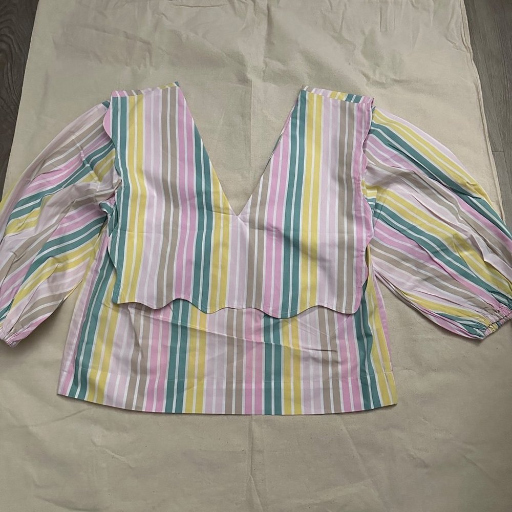 NWT Ganni Multicolor Stripe Cotton Rhythm Collar V-neck Cropped Blouse F7767